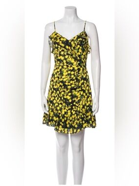 Parker Yellow Black Green Lemon-Print Mini Ruffle Dress Spaghetti Straps